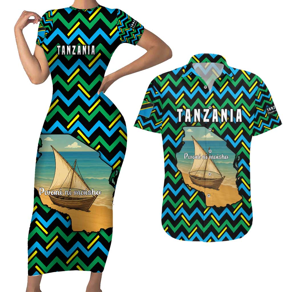 Tanzania Coastal Life Couples Matching Short Sleeve Bodycon Dress and Hawaiian Shirt with Swahili Dhow Boat and Tribal Pattern - Wonder Print Shop