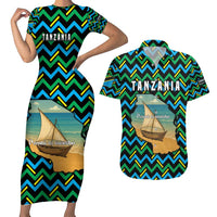 Tanzania Coastal Life Couples Matching Short Sleeve Bodycon Dress and Hawaiian Shirt with Swahili Dhow Boat and Tribal Pattern - Wonder Print Shop