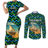 Tanzania Coastal Life Couples Matching Short Sleeve Bodycon Dress and Long Sleeve Button Shirt with Swahili Dhow Boat and Tribal Pattern - Wonder Print Shop