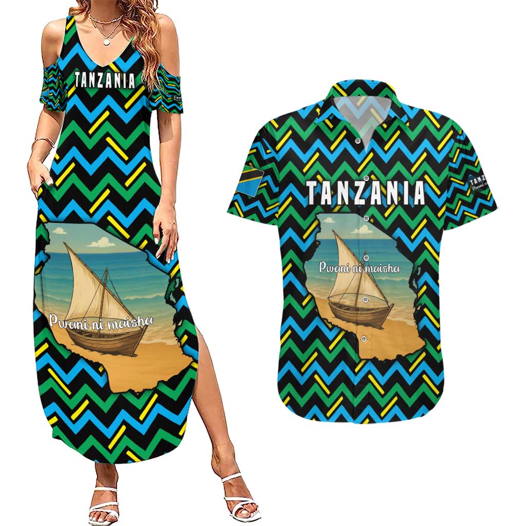 Tanzania Coastal Life Couples Matching Summer Maxi Dress and Hawaiian Shirt with Swahili Dhow Boat and Tribal Pattern - Wonder Print Shop