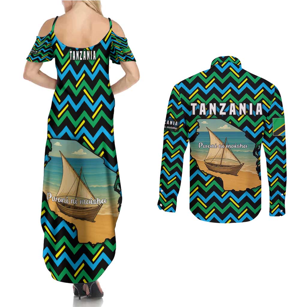 Tanzania Coastal Life Couples Matching Summer Maxi Dress and Long Sleeve Button Shirt with Swahili Dhow Boat and Tribal Pattern - Wonder Print Shop