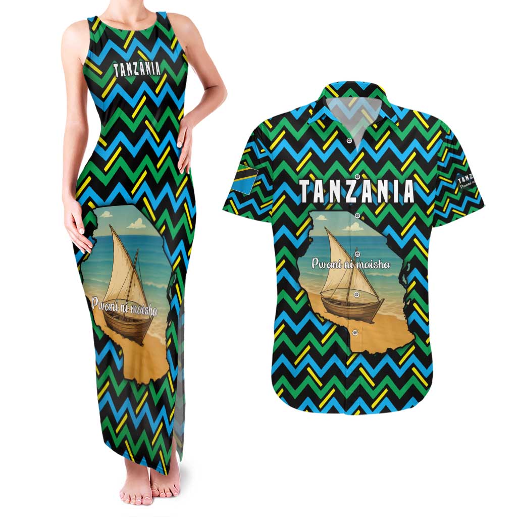 Tanzania Coastal Life Couples Matching Tank Maxi Dress and Hawaiian Shirt with Swahili Dhow Boat and Tribal Pattern - Wonder Print Shop