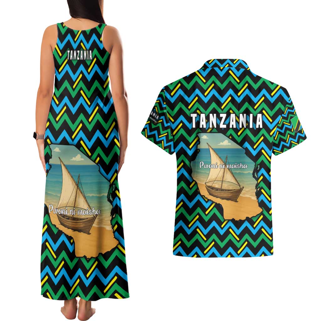 Tanzania Coastal Life Couples Matching Tank Maxi Dress and Hawaiian Shirt with Swahili Dhow Boat and Tribal Pattern - Wonder Print Shop