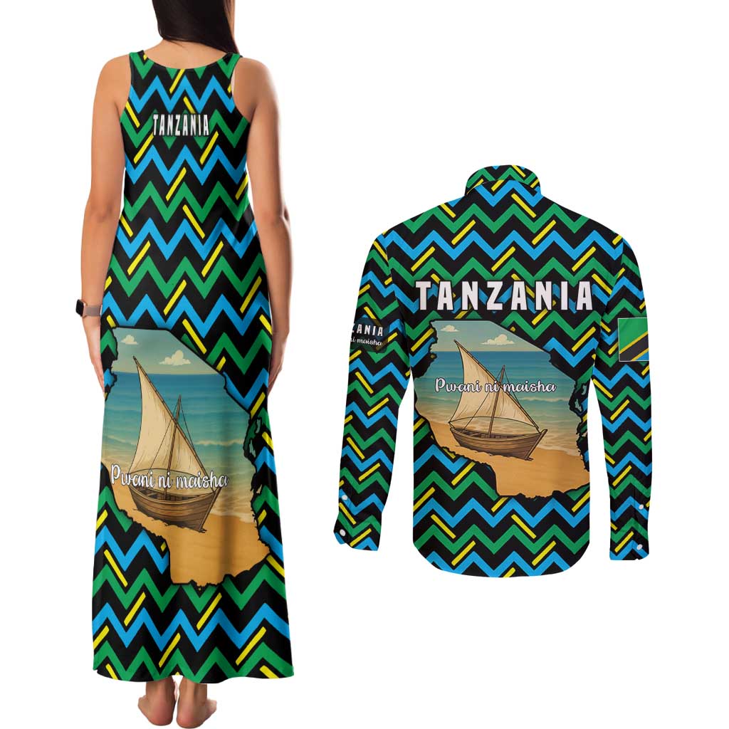 Tanzania Coastal Life Couples Matching Tank Maxi Dress and Long Sleeve Button Shirt with Swahili Dhow Boat and Tribal Pattern - Wonder Print Shop
