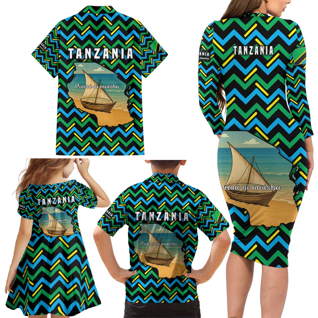 Tanzania Coastal Life Family Matching Long Sleeve Bodycon Dress and Hawaiian Shirt with Swahili Dhow Boat and Tribal Pattern - Wonder Print Shop