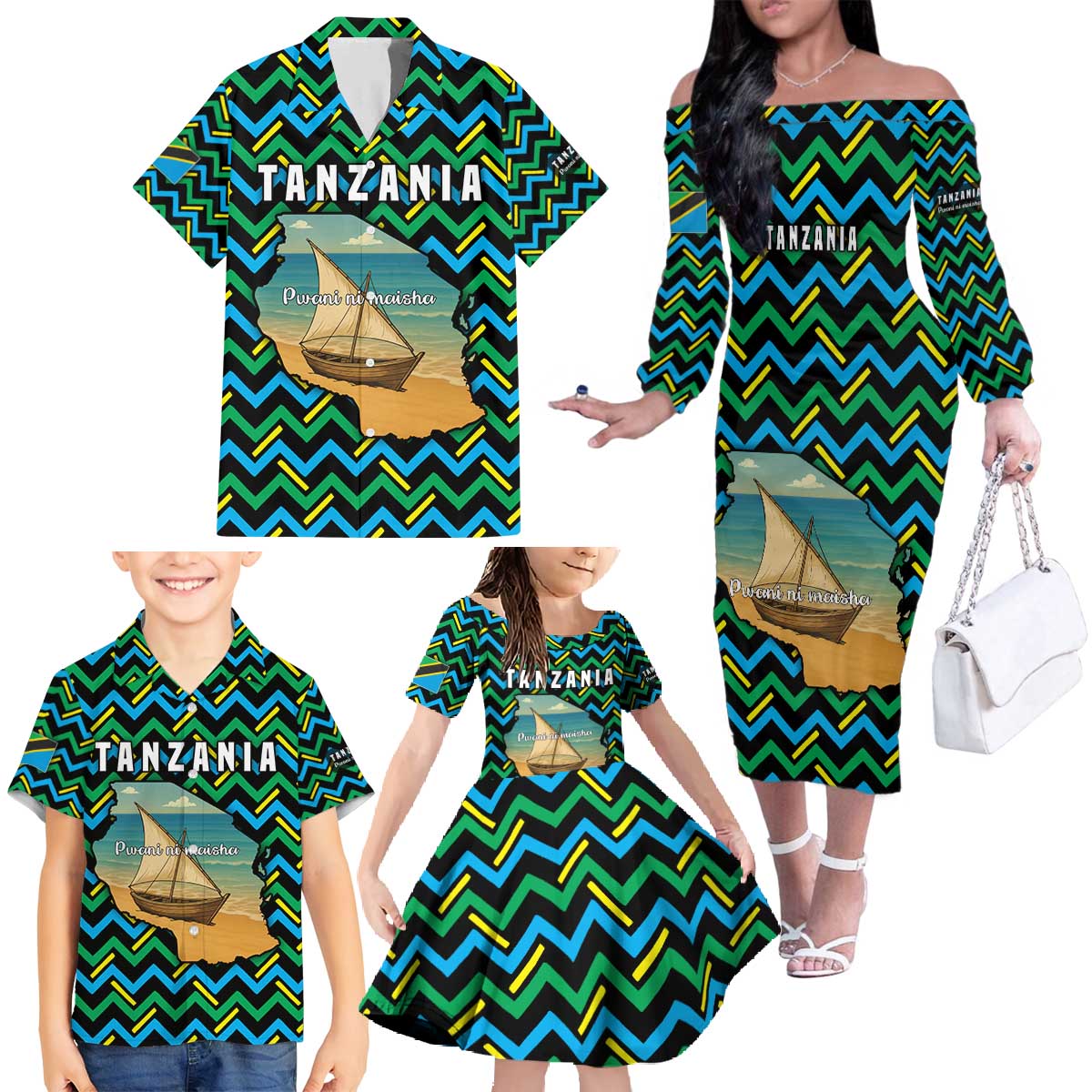 Tanzania Coastal Life Family Matching Off The Shoulder Long Sleeve Dress and Hawaiian Shirt with Swahili Dhow Boat and Tribal Pattern - Wonder Print Shop
