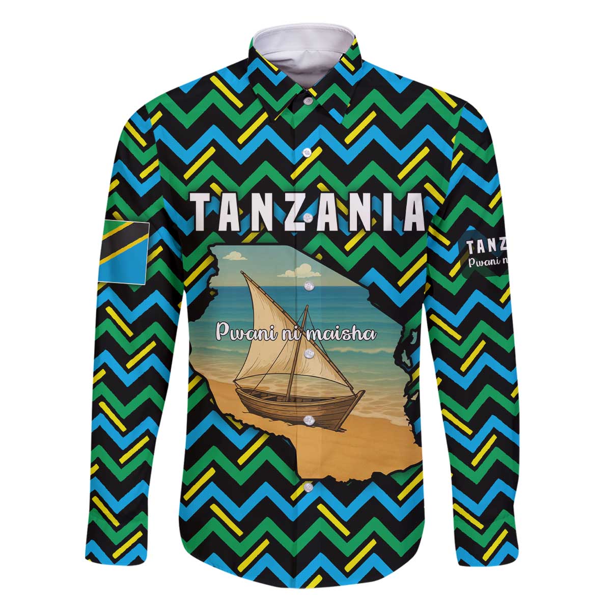 Tanzania Coastal Life Family Matching Off The Shoulder Long Sleeve Dress and Hawaiian Shirt with Swahili Dhow Boat and Tribal Pattern - Wonder Print Shop