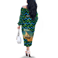 Tanzania Coastal Life Family Matching Off The Shoulder Long Sleeve Dress and Hawaiian Shirt with Swahili Dhow Boat and Tribal Pattern - Wonder Print Shop