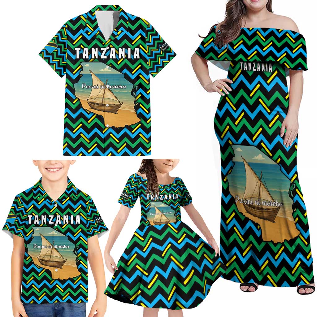 Tanzania Coastal Life Family Matching Off Shoulder Maxi Dress and Hawaiian Shirt with Swahili Dhow Boat and Tribal Pattern - Wonder Print Shop