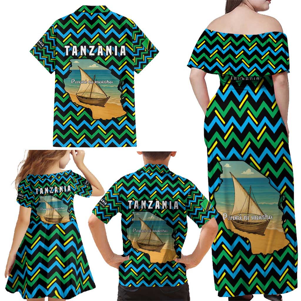 Tanzania Coastal Life Family Matching Off Shoulder Maxi Dress and Hawaiian Shirt with Swahili Dhow Boat and Tribal Pattern - Wonder Print Shop