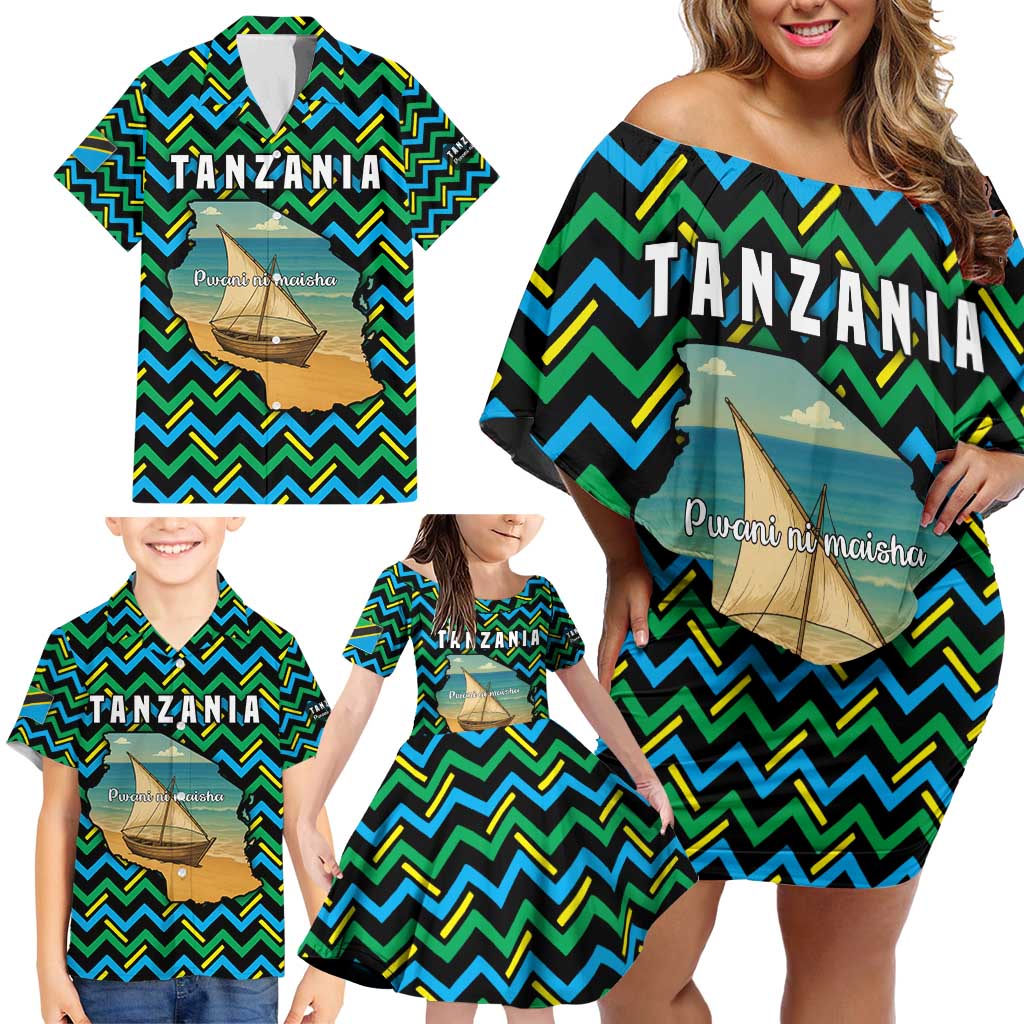 Tanzania Coastal Life Family Matching Off Shoulder Short Dress and Hawaiian Shirt with Swahili Dhow Boat and Tribal Pattern - Wonder Print Shop