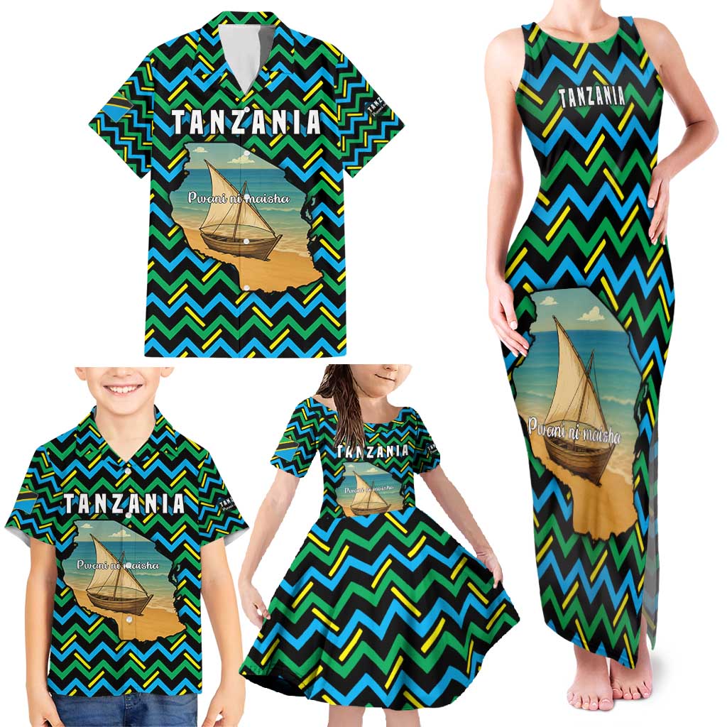 Tanzania Coastal Life Family Matching Tank Maxi Dress and Hawaiian Shirt with Swahili Dhow Boat and Tribal Pattern - Wonder Print Shop