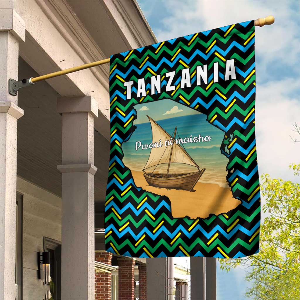 Tanzania Coastal Life Garden Flag with Swahili Dhow Boat and Tribal Pattern - Wonder Print Shop