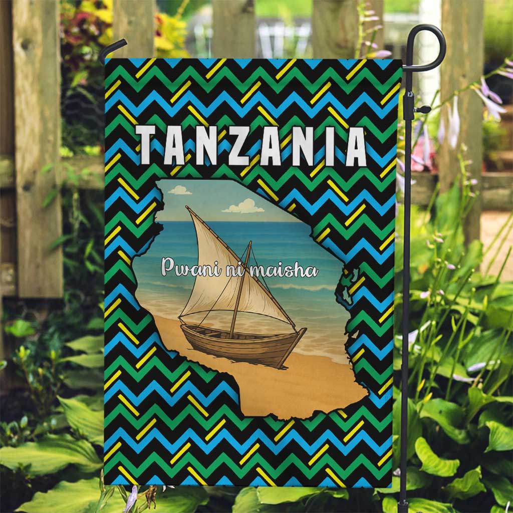 Tanzania Coastal Life Garden Flag with Swahili Dhow Boat and Tribal Pattern - Wonder Print Shop