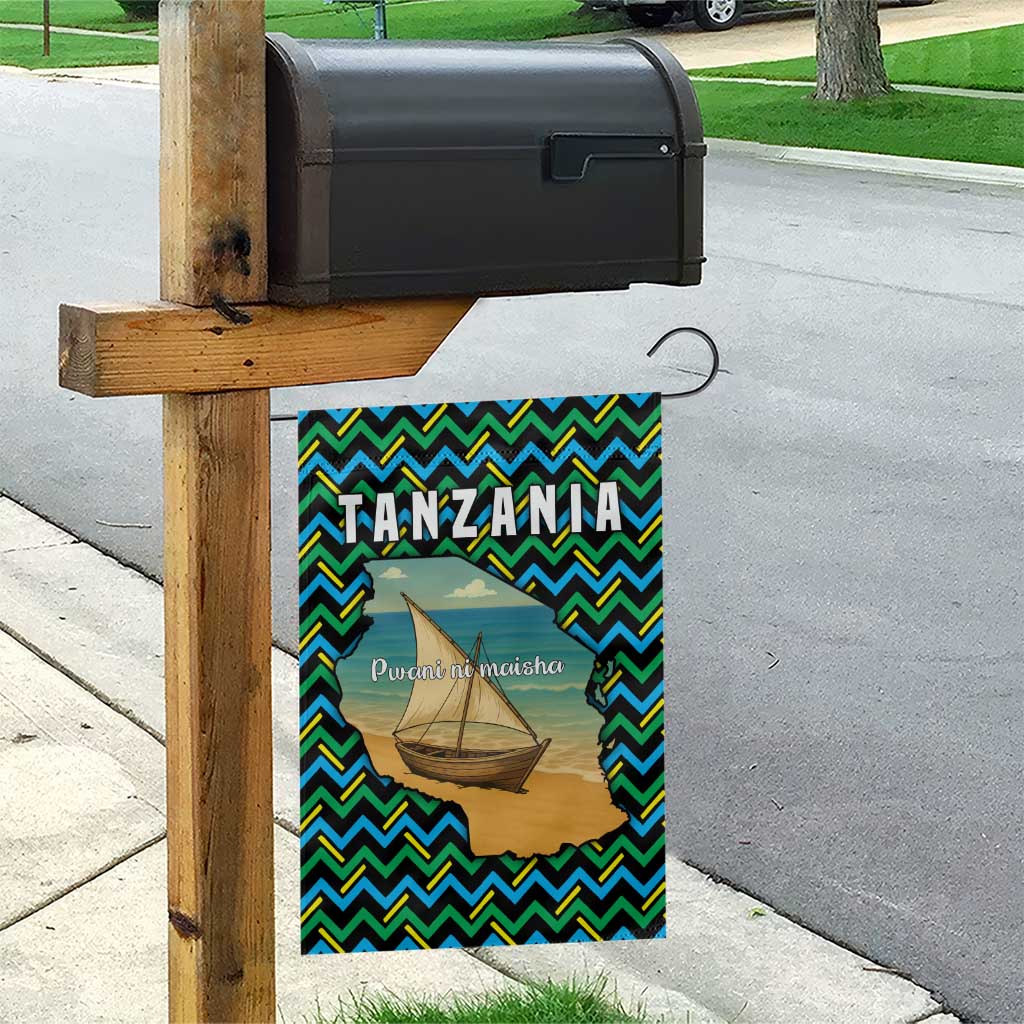 Tanzania Coastal Life Garden Flag with Swahili Dhow Boat and Tribal Pattern - Wonder Print Shop