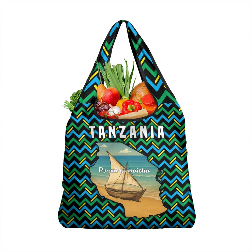 Tanzania Coastal Life Grocery Bag with Swahili Dhow Boat and Tribal Pattern - Wonder Print Shop