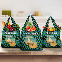 Tanzania Coastal Life Grocery Bag with Swahili Dhow Boat and Tribal Pattern - Wonder Print Shop