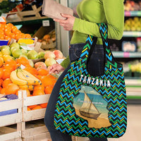 Tanzania Coastal Life Grocery Bag with Swahili Dhow Boat and Tribal Pattern - Wonder Print Shop