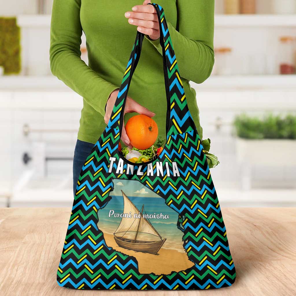 Tanzania Coastal Life Grocery Bag with Swahili Dhow Boat and Tribal Pattern - Wonder Print Shop
