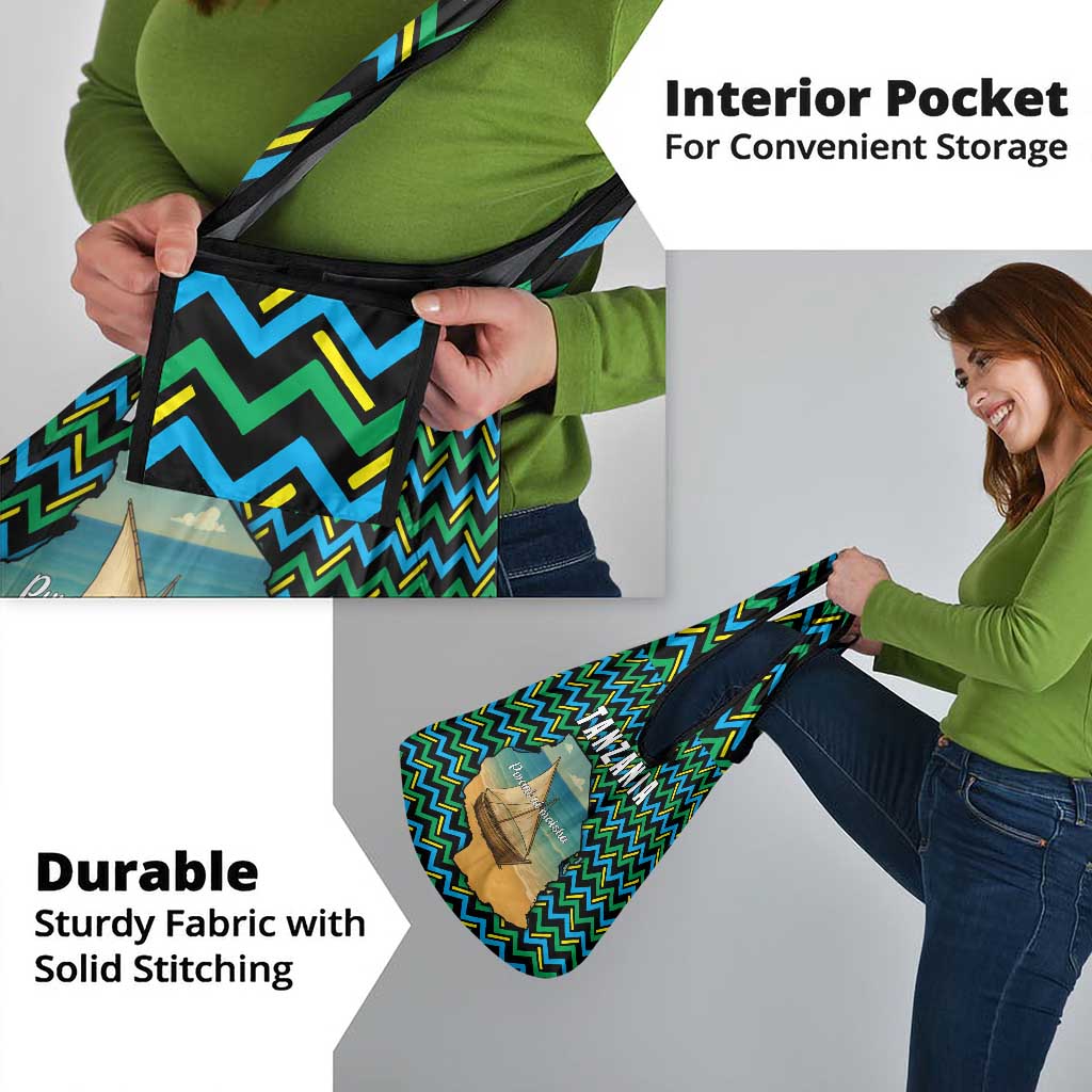 Tanzania Coastal Life Grocery Bag with Swahili Dhow Boat and Tribal Pattern - Wonder Print Shop