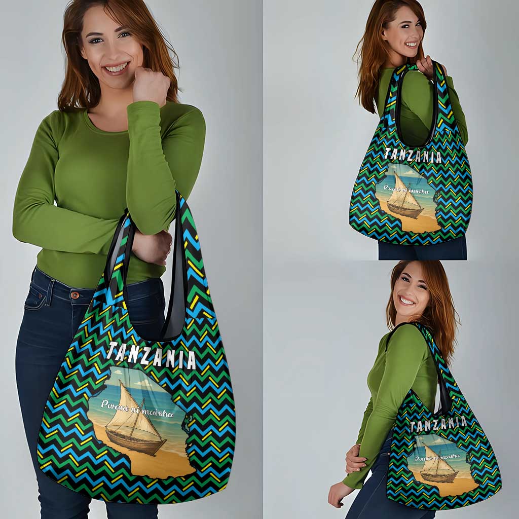 Tanzania Coastal Life Grocery Bag with Swahili Dhow Boat and Tribal Pattern - Wonder Print Shop
