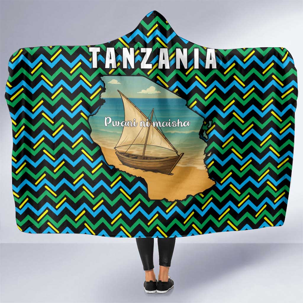 Tanzania Coastal Life Hooded Blanket with Swahili Dhow Boat and Tribal Pattern - Wonder Print Shop