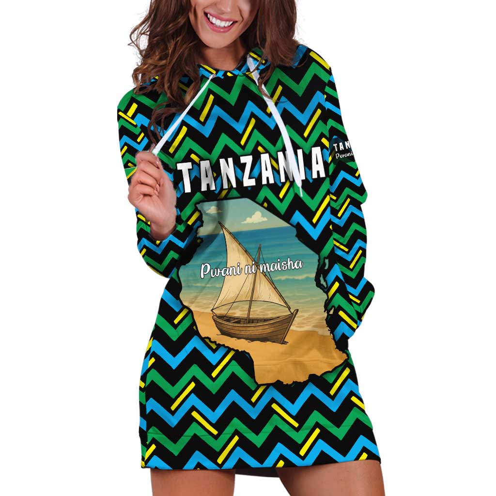 Tanzania Coastal Life Hoodie Dress with Swahili Dhow Boat and Tribal Pattern - Wonder Print Shop