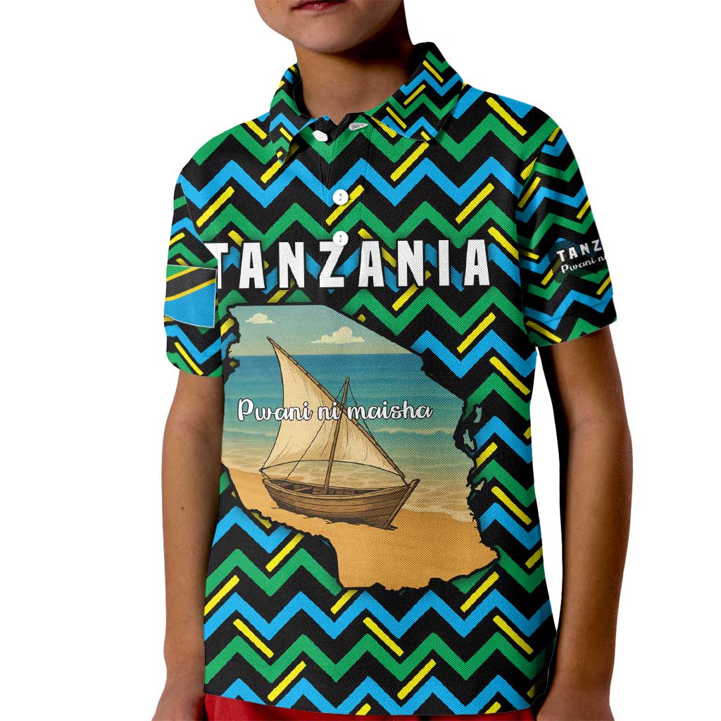 Tanzania Coastal Life Kid Polo Shirt with Swahili Dhow Boat and Tribal Pattern - Wonder Print Shop