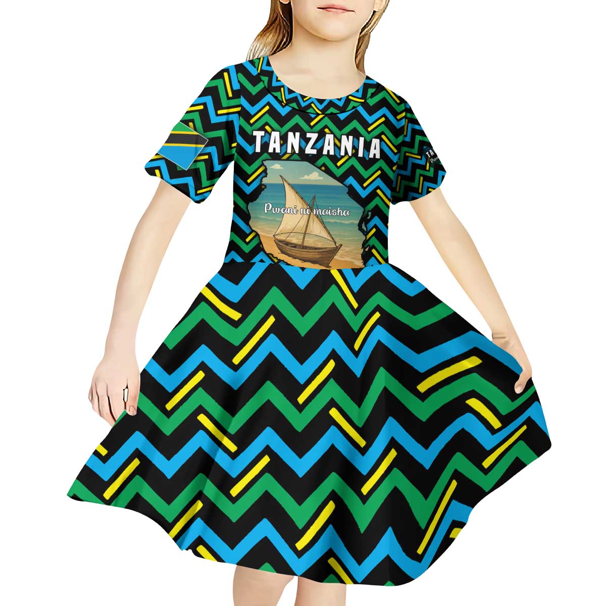 Tanzania Coastal Life Kid Short Sleeve Dress with Swahili Dhow Boat and Tribal Pattern - Wonder Print Shop