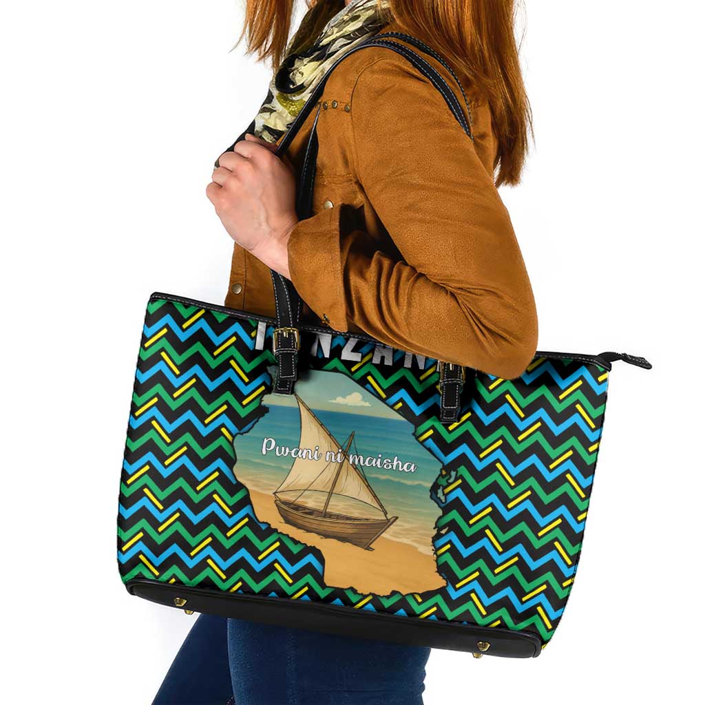 Tanzania Coastal Life Leather Tote Bag with Swahili Dhow Boat and Tribal Pattern - Wonder Print Shop