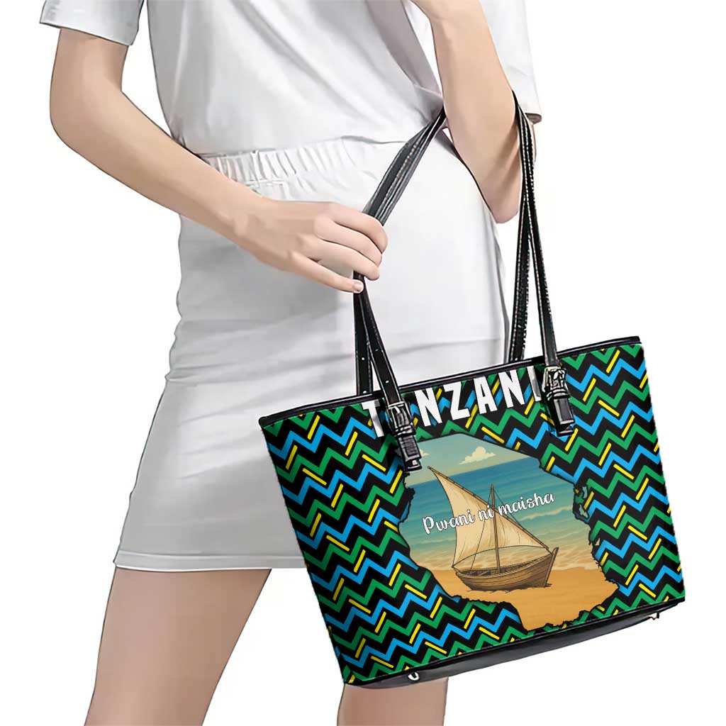 Tanzania Coastal Life Leather Tote Bag with Swahili Dhow Boat and Tribal Pattern - Wonder Print Shop