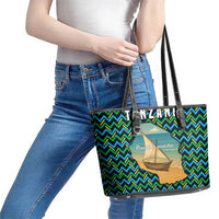Tanzania Coastal Life Leather Tote Bag with Swahili Dhow Boat and Tribal Pattern - Wonder Print Shop