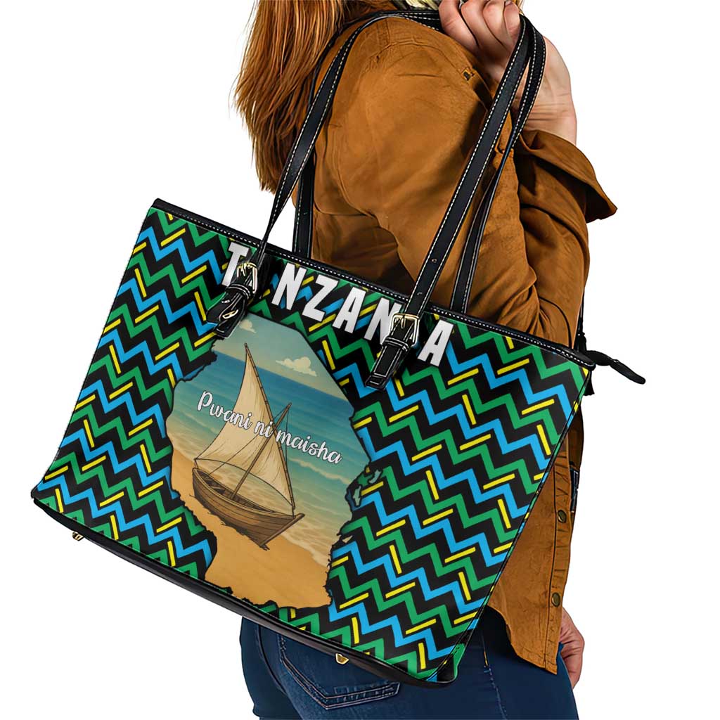 Tanzania Coastal Life Leather Tote Bag with Swahili Dhow Boat and Tribal Pattern - Wonder Print Shop
