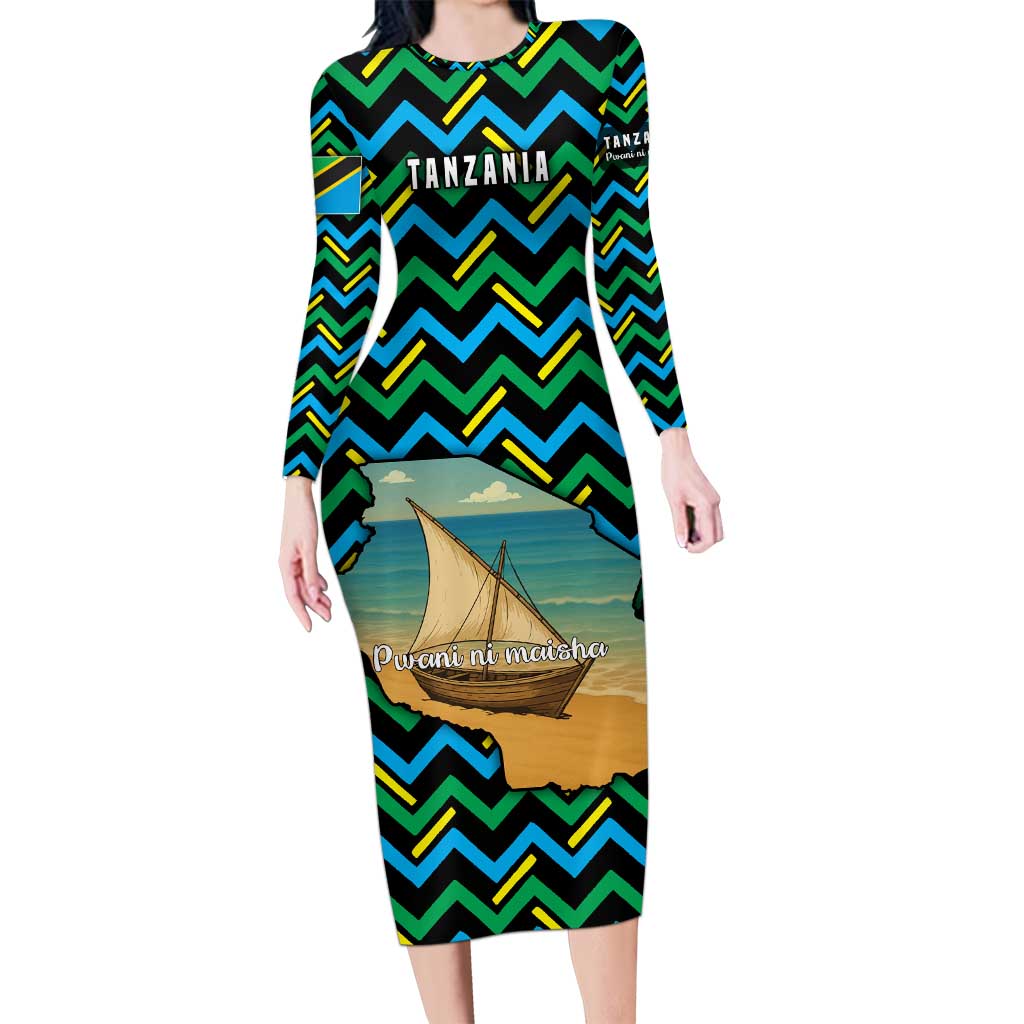 Tanzania Coastal Life Long Sleeve Bodycon Dress with Swahili Dhow Boat and Tribal Pattern - Wonder Print Shop