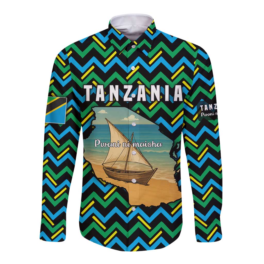 Tanzania Coastal Life Long Sleeve Button Shirt with Swahili Dhow Boat and Tribal Pattern - Wonder Print Shop