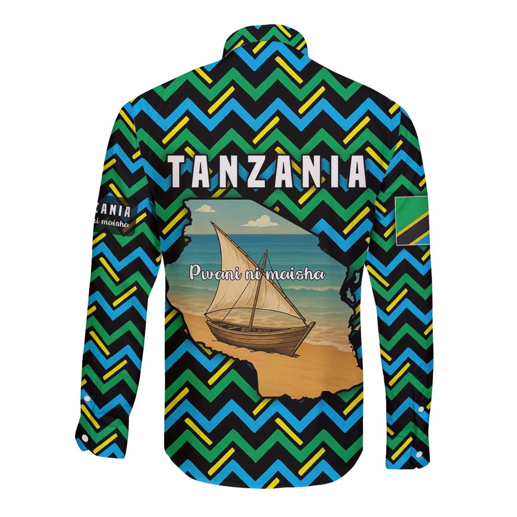 Tanzania Coastal Life Long Sleeve Button Shirt with Swahili Dhow Boat and Tribal Pattern - Wonder Print Shop
