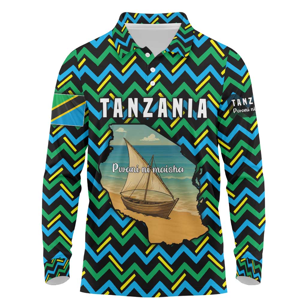 Tanzania Coastal Life Long Sleeve Polo Shirt with Swahili Dhow Boat and Tribal Pattern - Wonder Print Shop