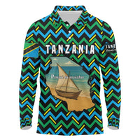 Tanzania Coastal Life Long Sleeve Polo Shirt with Swahili Dhow Boat and Tribal Pattern - Wonder Print Shop
