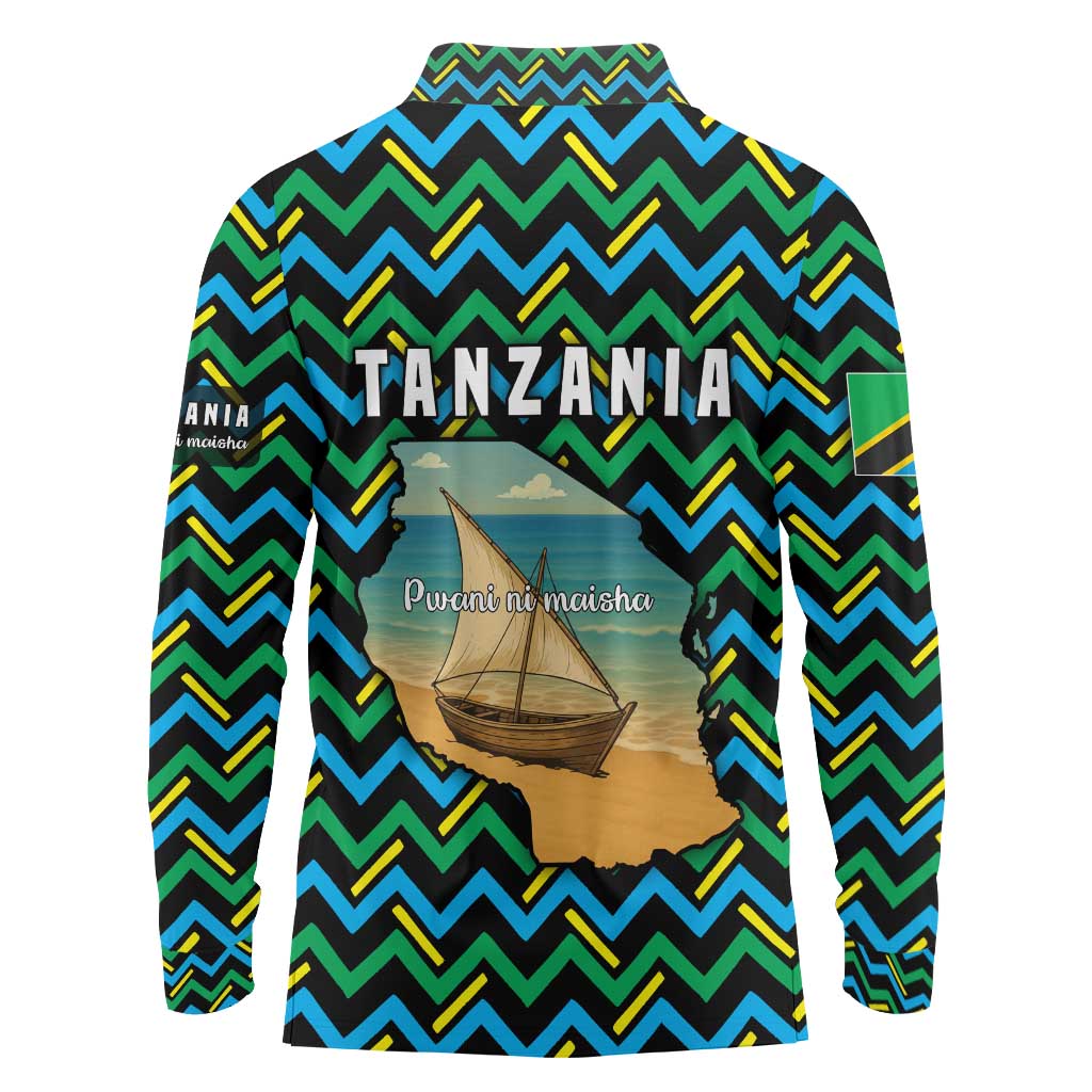 Tanzania Coastal Life Long Sleeve Polo Shirt with Swahili Dhow Boat and Tribal Pattern - Wonder Print Shop