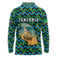 Tanzania Coastal Life Long Sleeve Polo Shirt with Swahili Dhow Boat and Tribal Pattern - Wonder Print Shop