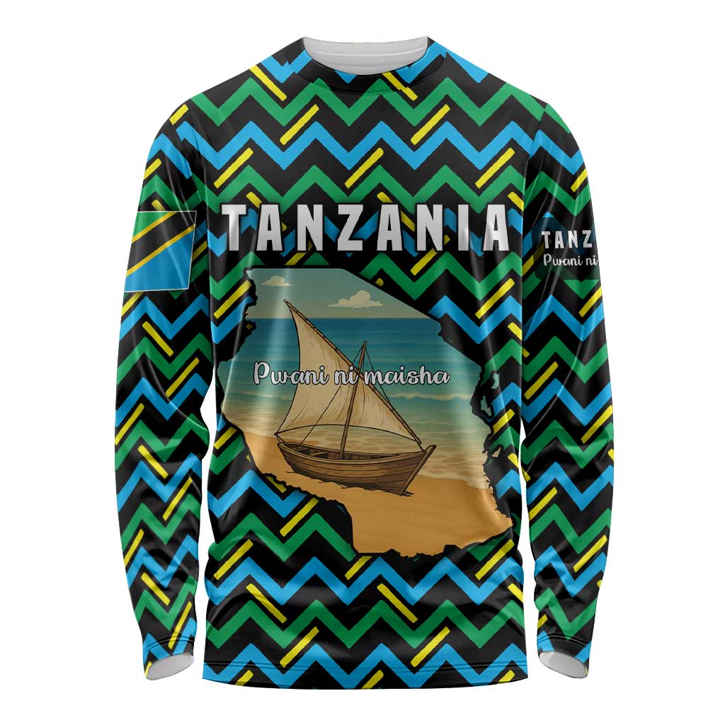 Tanzania Coastal Life Long Sleeve Shirt with Swahili Dhow Boat and Tribal Pattern - Wonder Print Shop