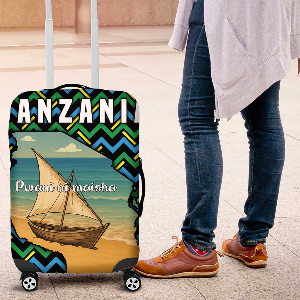 Tanzania Coastal Life Luggage Cover with Swahili Dhow Boat and Tribal Pattern - Wonder Print Shop