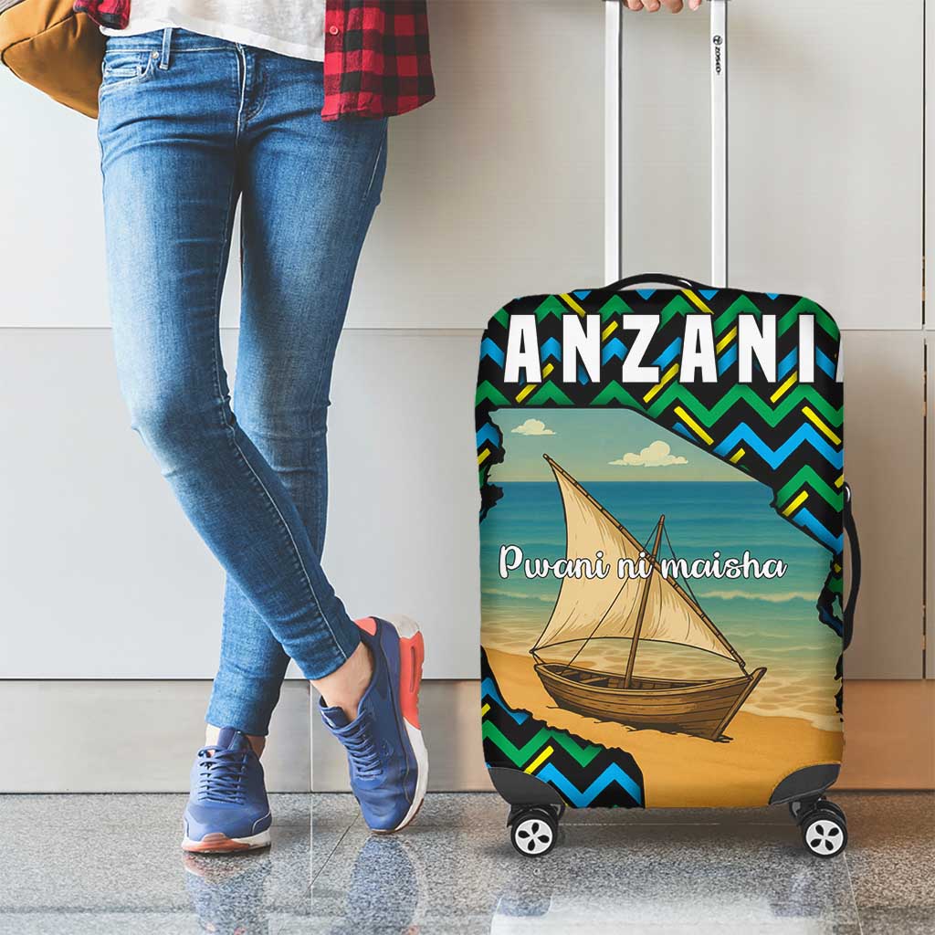 Tanzania Coastal Life Luggage Cover with Swahili Dhow Boat and Tribal Pattern - Wonder Print Shop