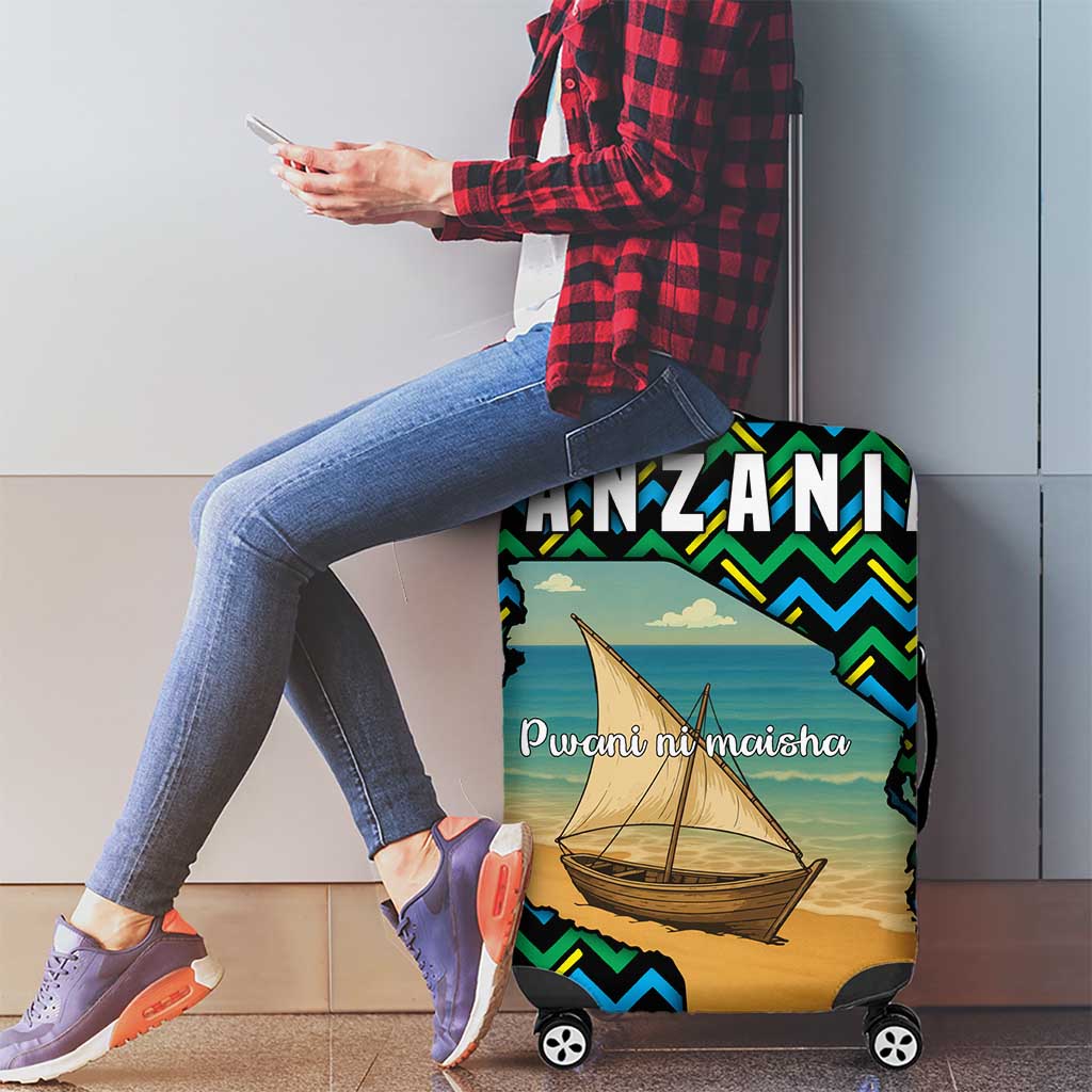 Tanzania Coastal Life Luggage Cover with Swahili Dhow Boat and Tribal Pattern - Wonder Print Shop