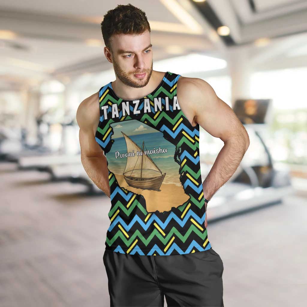 Tanzania Coastal Life Men Tank Top with Swahili Dhow Boat and Tribal Pattern - Wonder Print Shop
