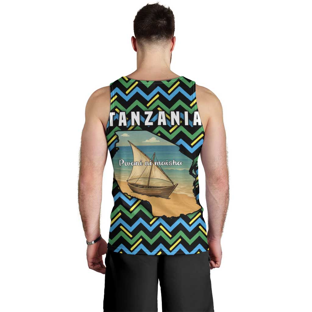 Tanzania Coastal Life Men Tank Top with Swahili Dhow Boat and Tribal Pattern - Wonder Print Shop