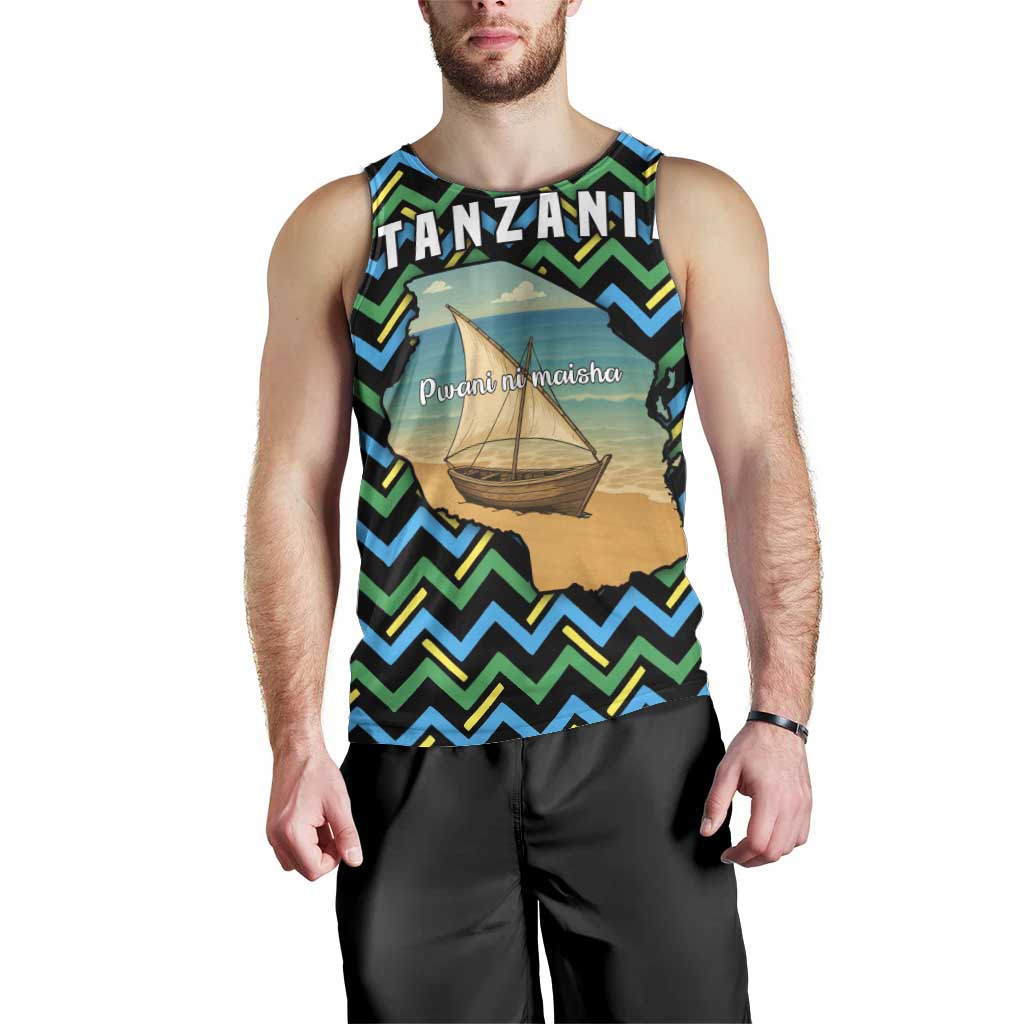 Tanzania Coastal Life Men Tank Top with Swahili Dhow Boat and Tribal Pattern - Wonder Print Shop
