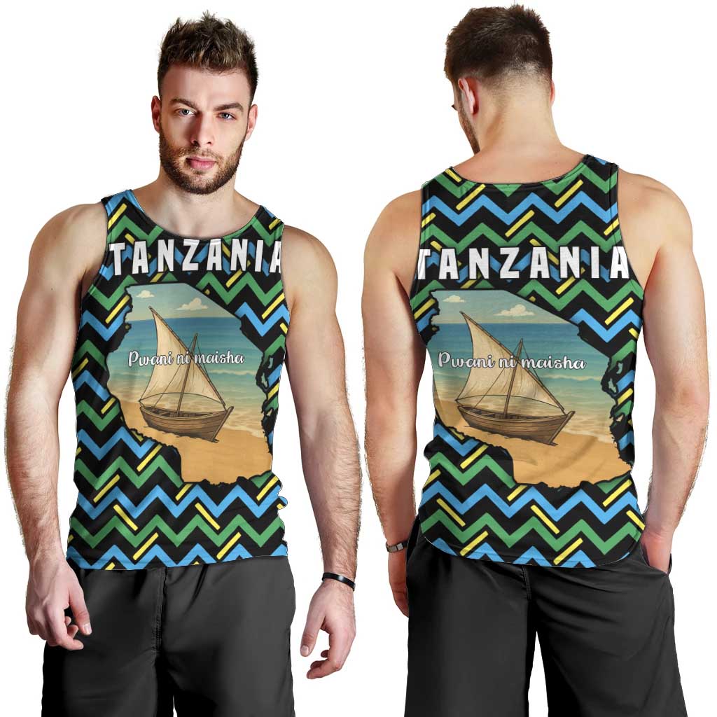 Tanzania Coastal Life Men Tank Top with Swahili Dhow Boat and Tribal Pattern - Wonder Print Shop