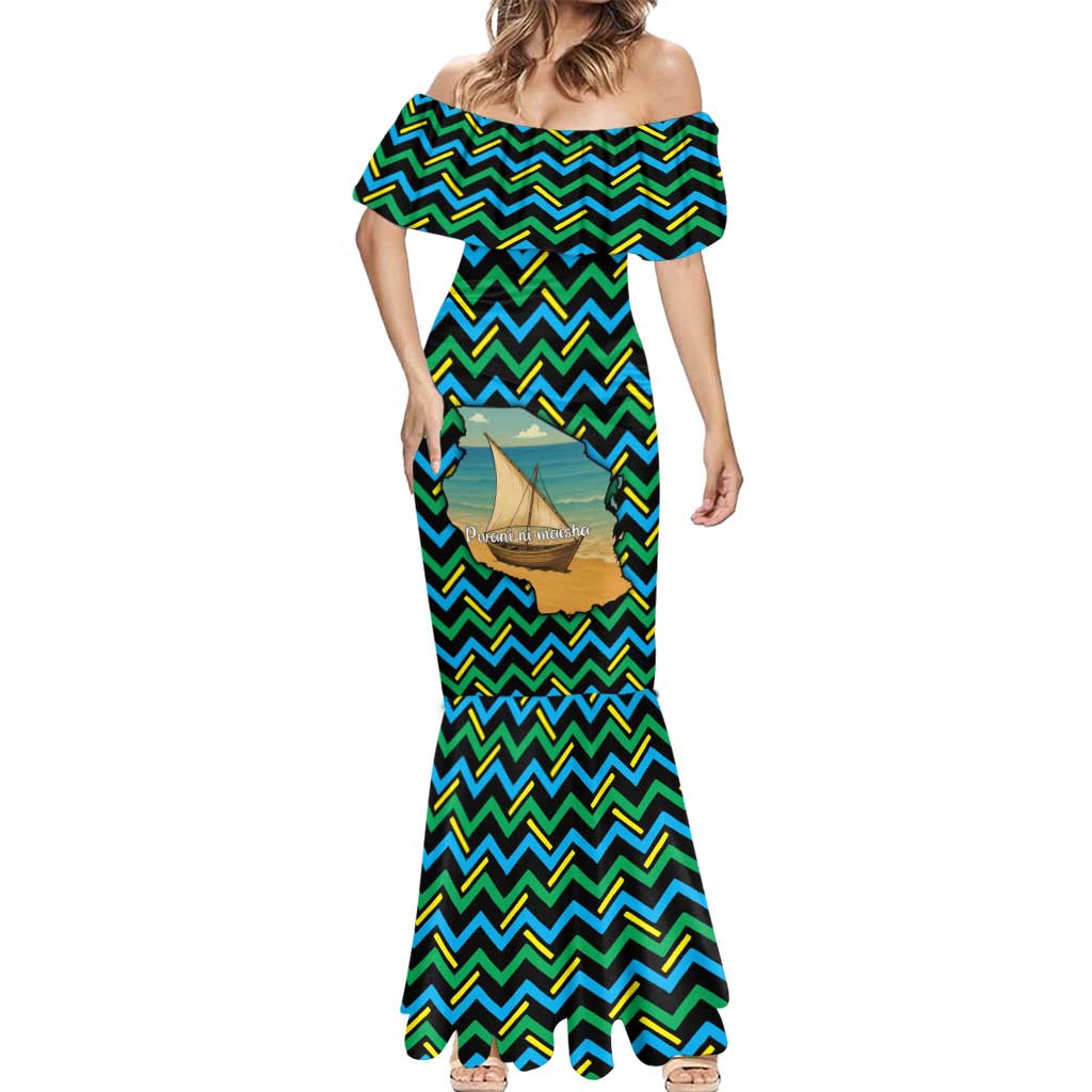 Tanzania Coastal Life Mermaid Dress with Swahili Dhow Boat and Tribal Pattern - Wonder Print Shop