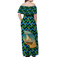 Tanzania Coastal Life Off Shoulder Maxi Dress with Swahili Dhow Boat and Tribal Pattern - Wonder Print Shop